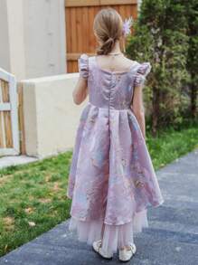 SHEIN Wedding Flower Tween Girls Dress, Cap Sleeve Jacquard Mesh Contrast Suitable For Performance, Wedding, Party, Birthday - Pink - View 2