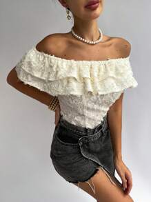 Firerie Blusa elegante para mujer con tela texturizada, hombros descubiertos y detalles de volantes de varias capas - Albaricoque - Ver 6