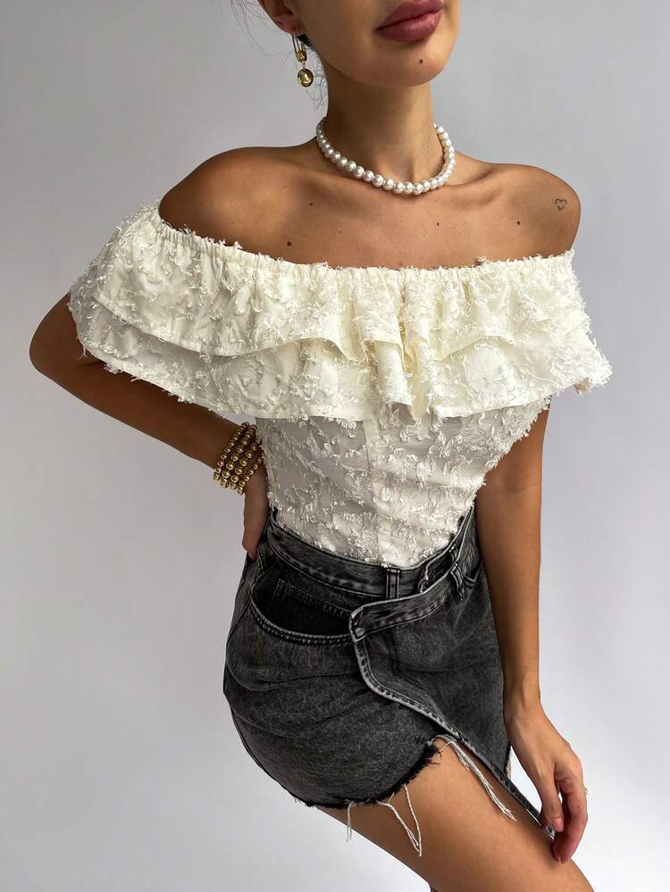 Women Off Shoulder Multi-Layered Ruffle Trim Textured Fabric Elegant Blouse