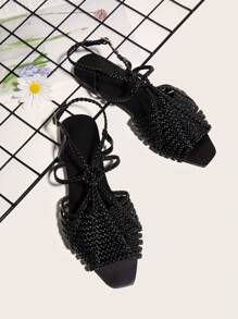 Women Black Handmade Woven Strap Flat Sandals, Random Weaving Pattern - Black - View 1