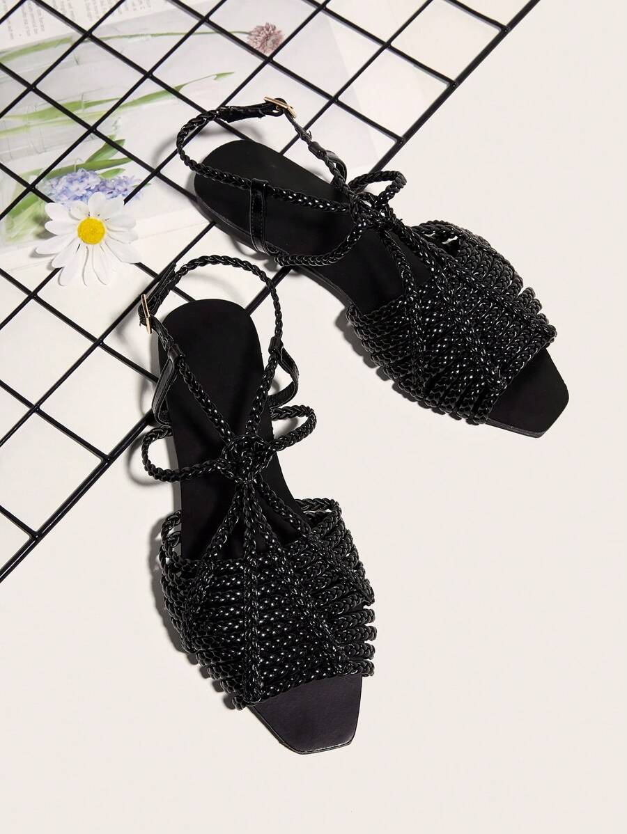 Women Black Handmade Woven Strap Flat Sandals, Random Weaving Pattern - Black - View 1