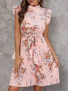 SHEIN Clasi Women Elegant Floral Print Ruffle Hem Pleated Dress For Summer,Pastel Dresses For Women