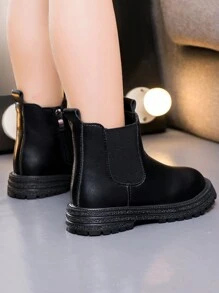 1雙兒童實色圓頭短筒靴，男女童靴子，女孩側拉鍊平底鞋和男孩休閒短靴 - 黑色 - 查看 4