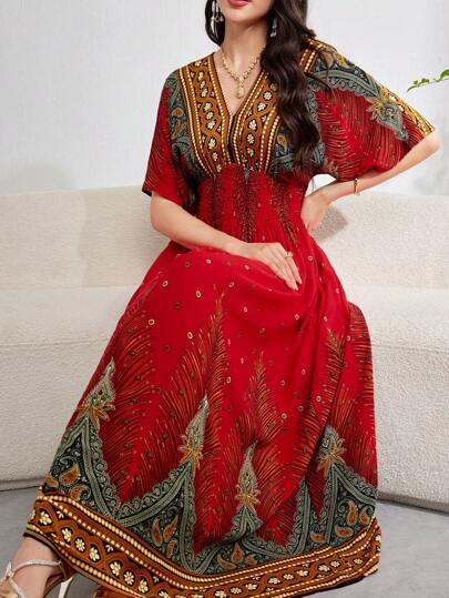 Al Najma Burgundy Red Women Fashionable Elegant Printed Retro Paisley Graphic Summer Dress, Casual Short Sleeve Loose Kaftan Dress For Summer, Modest