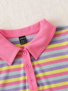 SHEIN EZwear 女士大尺碼彩虹條紋拼接撞色polo領短袖T卹，夏季日常休閒款 - 彩色 - 查看 3