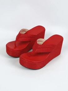 女士坡跟厚底凉鞋，新款夏季圆头红色人字拖，时尚金色蕾丝厚底拖鞋，休闲度假鞋，百搭大码女鞋，红色婚鞋，旅行必备 - 紅色 - 查看 4