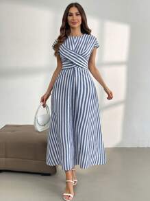 Firerie Women Plain Cross-Front Blue And White Striped A-Line Dress - Blue and White - View 3
