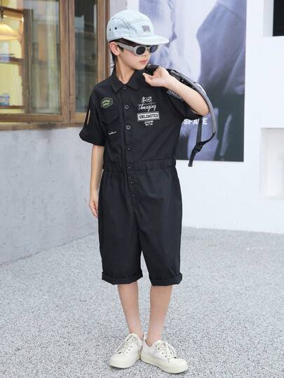 Teen Boy Jumpsuit With Embroidery, Lettering And Lapel Short Sleeved Shirt, Fashionable Workwear Style