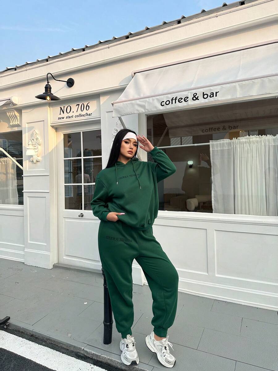 POPSWAY Hơn Đồ họa Chữ cái Thả vai Dây rút Áo Hoodie & Quần thể thao - màu xanh lá - Xem 1