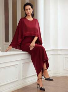 MOTF PREMIUM SOLID FRINGE TRIM MERMAID HEM CAPE DRESS - Red - View 8