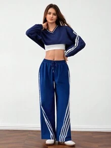 Forever 21 Women Color Block Patchwork Elastic Waist Wide Leg Cropped Pants For Casual And Sport