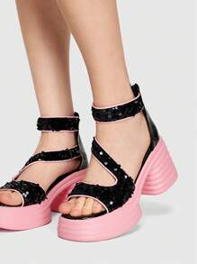 ROMWE Kawaii 女性歐美風閃亮開趾厚底涼鞋 - 粉色 - 查看 3