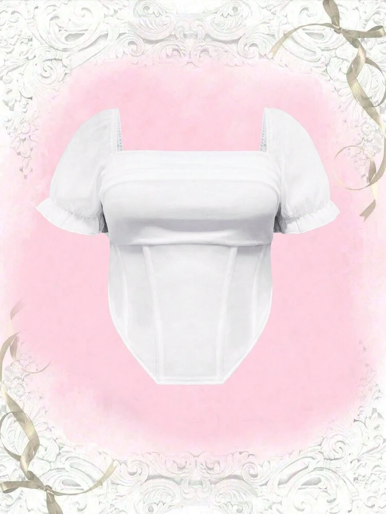 Short White Bubble Sleeve Top With Asymmetrical Hem