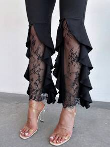 Firerie Women Lace Ruffle Trim Slim Elegant Graduation Party Pants - Black - View 4