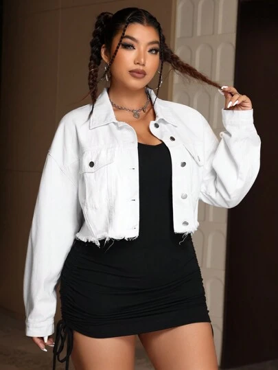 SHEIN EZwear 大尺碼女士鬆身短款牛仔夾克，垂肩設計，長袖，拼接設計和破損邊緣設計，適用於休閒穿著