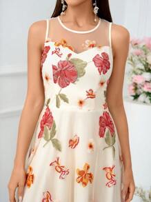 SHEIN Belle Váy cocktail thêu lưới không tay thanh lịch dành cho nữ - Màu be - Xem 3