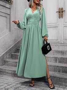 SHEIN Clasi Women Spring/Summer Solid Color V-Neck Lantern Sleeve Gathering Side Slit Hem Elegant Dress Fall Cloth For Women - Mint Green - View 4