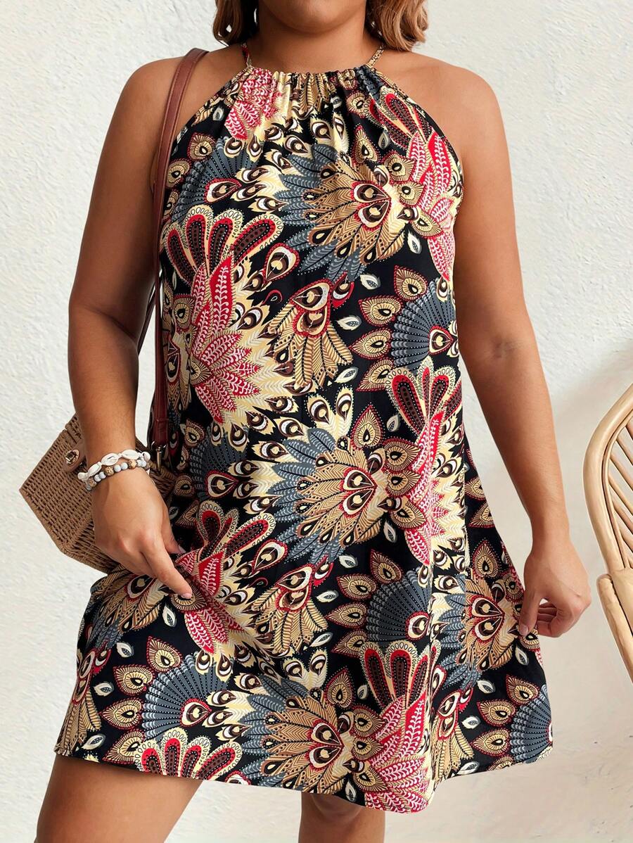 EMERY ROSE Plus Size Nữ Ngắn Lông Công In Halterneck Kỳ Nghỉ Mini Đầm Cho Mùa Hè - Nhiều màu - Xem 1