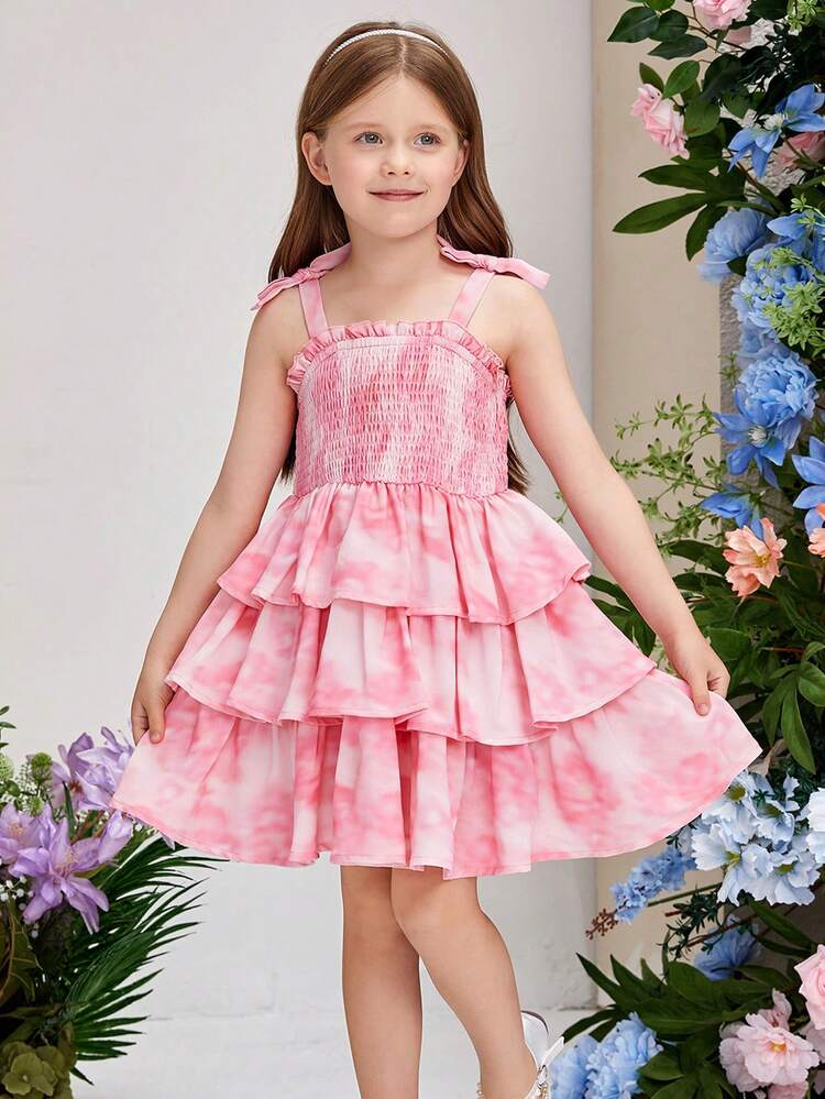 Young Girl's Tie Dye Pattern Cake Hem Summer Spaghetti Strap Dress