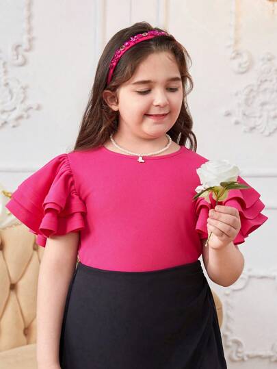 SHEIN Tween Girl Extended Size Casual Knitted Solid Color Round Neck Flutter Sleeve Top For Spring/Summer