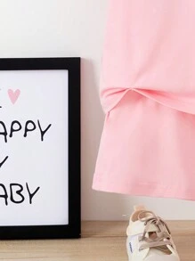 SHEIN Young Girl Mexican Children Day Casual Loose Shoulder Letter Print T-Shirt And Patched Detail Shorts For Summer, School, Campus, College - Pink - View 3