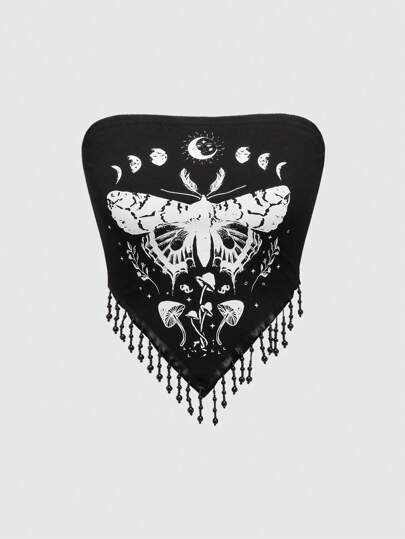 Goth Fairy Goth Casual Sun Moon Star Butterfly Mushroom Printed Tassel Hem Tube Top