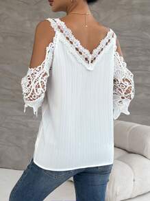 Chiquease Blusa panel con encaje de hombros descubiertos - Blanco - Ver 2