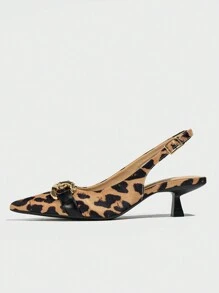 Women Leopard Print Slingback High Heel Shoes With Chain Decoration & Pointed Toe, Ideal For Casual Wear Or Parties, Outdoors In Spring Or Summer Season - Multicolor - View 4