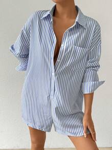 SHEIN EZwear Plus Size Striped Print Casual Shirt Collar Romper, Spring/Summer - Blue - View 1