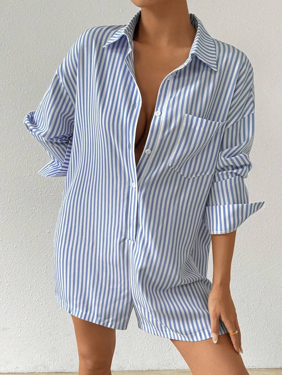 SHEIN EZwear Plus Size Striped Print Casual Shirt Collar Romper, Spring/Summer - Blue - View 1