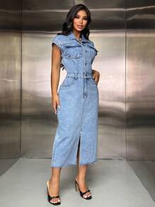 Slaydiva Vestido vaquero de mujer talla grande, vestidos casuales elegantes sin mangas de negocios para fiestas y eventos de verano, outfits para mujeres, atuendos festivos - Azul - Ver 4