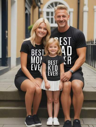 Young Girl Black Letter Printed Fashionable Round Neck Short Sleeve T-Shirt And Pink Pleated Skirt, Family Matching Outfits Mommy And Me (3 Pieces Are Sold Separately)