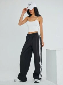 SHEIN EZwear 編織對比條紋側邊有彈性腰部運輸褲 - 黑色 - 查看 3
