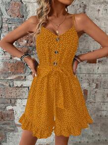 Breezaya Women Polka Dot Print Simple Daily Spaghetti Strap Jumpsuit - Yellow - View 4