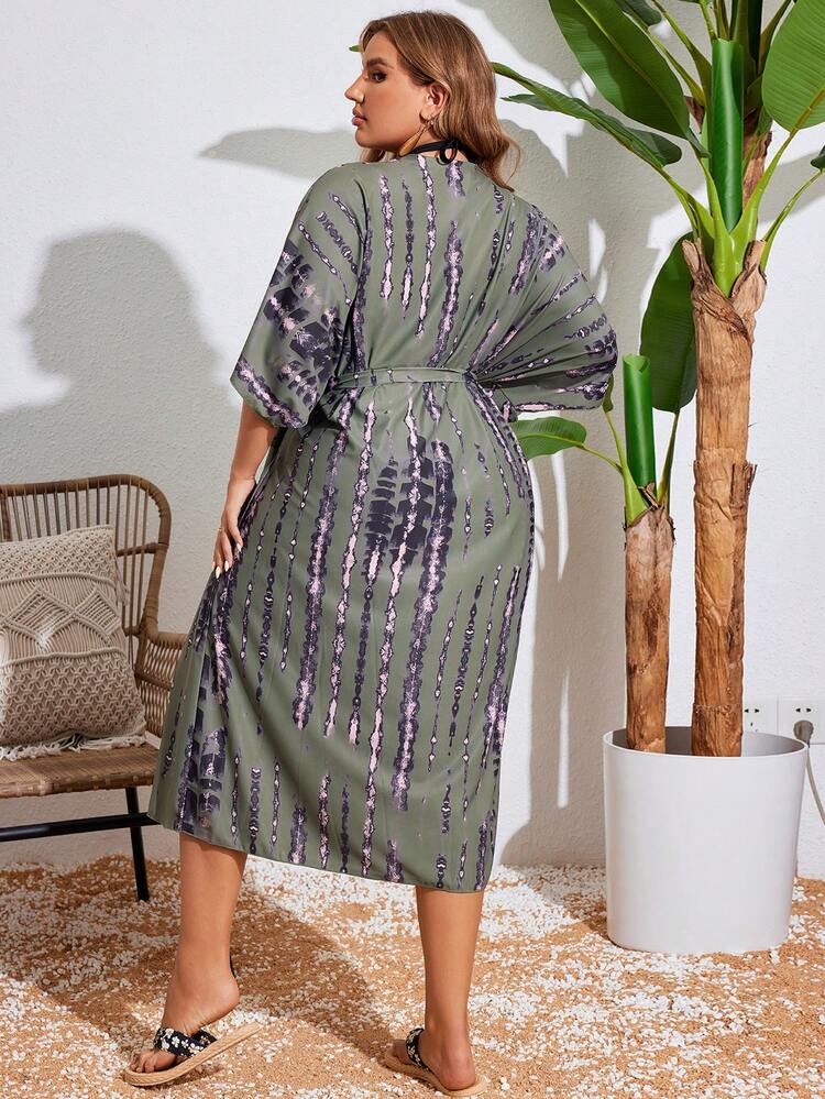 Summer Beach Plus Size Tie-Dye Print Beach Cover Up With Batwing Sleeves, Perfect For Vacation