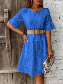 EMERY ROSE Vestido de vacaciones de ocio para mujeres de unicolor con bordado de calado