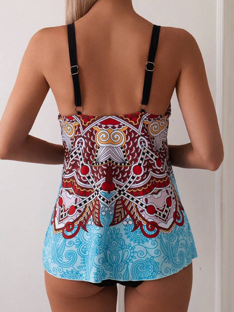 Printed Halter Neck Top With Solid Color Triangle Bottom Tankini Set,Summer Beach