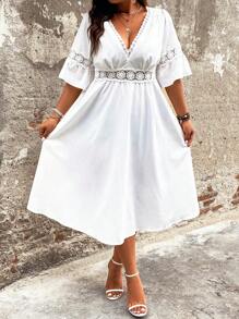Breezaya Plus Size Women's Lace Splice Flare Sleeve Dress - White - View 6