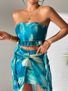 Chiquease Tie-Dye Mesh Ruffle Hem Strapless Top For Women - Multicolor - View 4