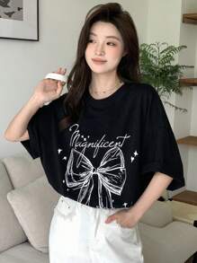 DAZY Women Summer Loose Casual T-Shirt With Slogan, Bowknot Print And Drop-Shoulder Sleeves Graphic Tee Oversized T-Shirt