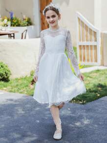 SHEIN 適合表演、晚會和生日派對的少女婚禮季花朵網紗公主裙 - 白色 - 查看 5