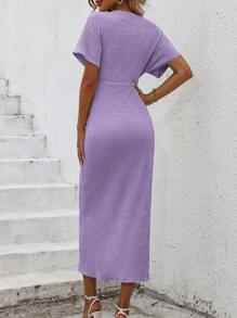 SHEIN Clasi 純色紋理蝙蝠袖連衣裙，前結繫與分裂縫設計，適用於度假 - 淡紫色 - 查看 2