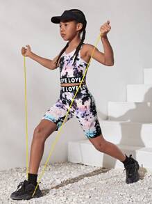 SHEIN Tween Girls' Tie Dye & Patchwork Letter Jacquard Tape Racerback Tank Top & Shorts Set For Sports - Multicolor - View 4