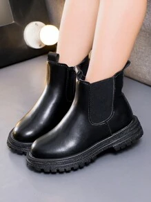 1雙兒童實色圓頭短筒靴，男女童靴子，女孩側拉鍊平底鞋和男孩休閒短靴 - 黑色 - 查看 2