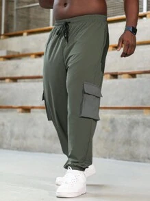 Manfinity Sport Corelite 男士加大尺碼束口腰工作休閒長褲，帶口袋 - 橄欖綠 - 查看 5