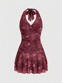 ROMWE Fairycore Women's Vintage Printed Rhinestone Embellished Backless Halter Neck Dress, Summer