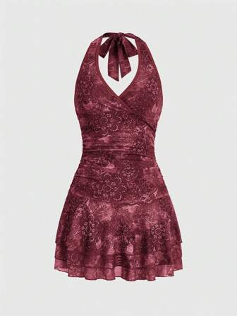 Fairycore Women's Vintage Printed Rhinestone Embellished Backless Halter Neck Dress, Summer