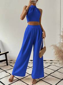 SHEIN ChicEase Bộ 2 món Áo crop top và quần ống rộng thời trang mùa hè cho nữ - Màu xanh lam - Xem 4