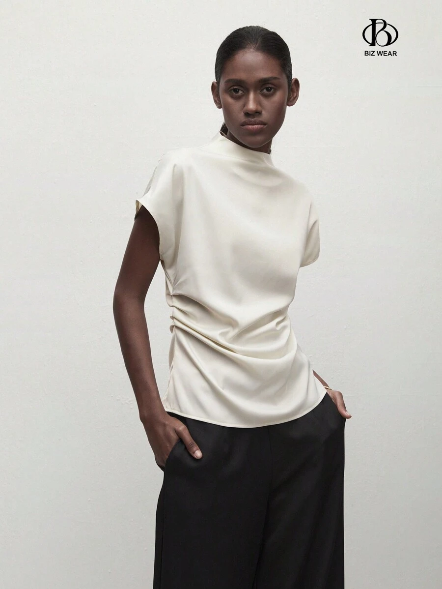 BizChic Women's Solid Apricot Stand Collar Elegant Short Sleeve Shirt With Pleats Fall Women Outfits - Apricot - View 1