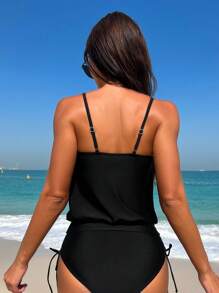 Swim Lushoire Summer Beach Drawstring Side High Waisted Tankini - Black - View 3